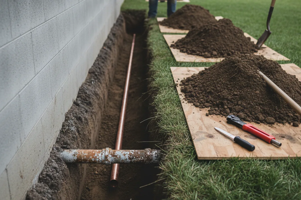 Excavated water line trench during Water Softener Installation in Healdton